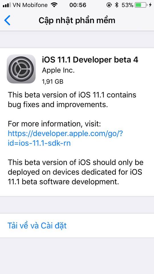 Mời bạn cập nhật lên iOS 11.1 beta 4