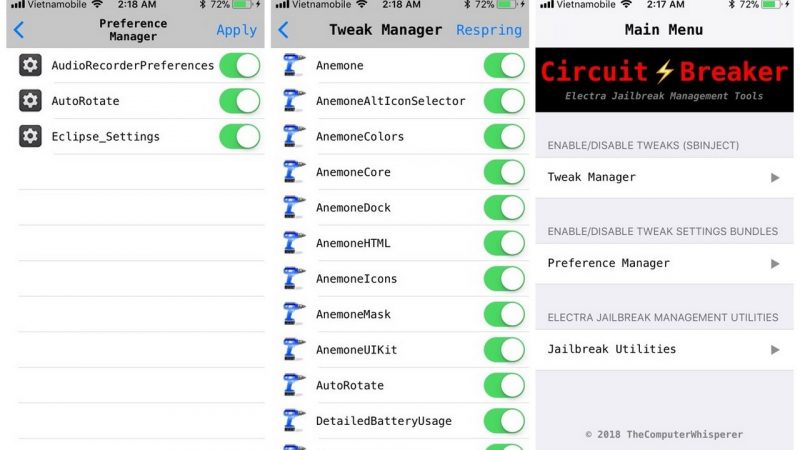 Circuit Breaker: Tweak giống iCleaner, cho phép bật/tắt tweak trên iOS 11