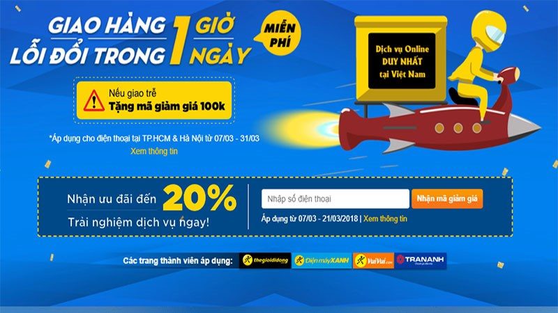 Thế giới Di động triển khai chương trình mua online “Giao hàng 1 giờ, lỗi đổi trong 1 ngày” dành cho smartphone