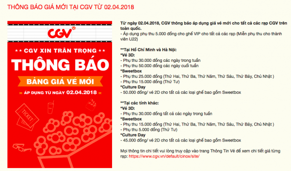 Từ 2/4, CGV phụ thu 50.000 đồng cho vé 3D