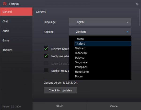 Chuyển vùng Garena
