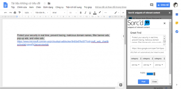 Đánh dấu văn bản và truy xuất từ Word, Google tài liệu,… với SORC'D Web Clipper
