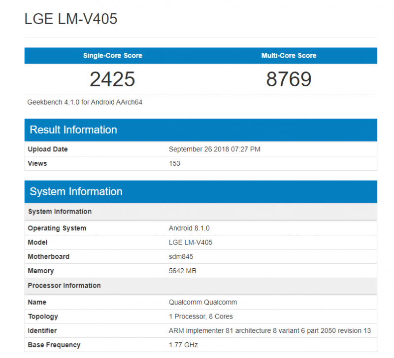 LG V40 ThinQ lộ "sức mạnh" trên Geekbench, chạy Android 8.1 Oreo