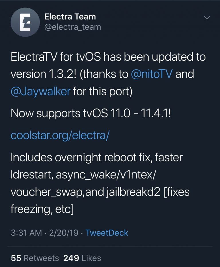 ElectraTV 1.3.2 đã hỗ trợ tvOS 11.0-11.4.1