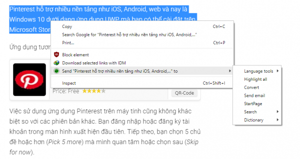 Thêm nhiều chức năng (chuyển ngữ, gửi email, tìm kiếm,…) vào menu chuột phải Chrome