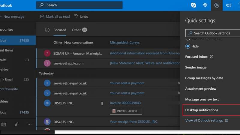 Cách bật thông báo Outlook.com trên desktop Windows 10