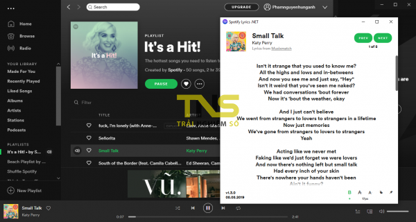 Xem nhiều lời bài hát đang phát trên ứng dụng Spotify từ Windows 10