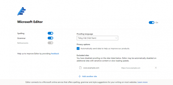 Dùng Microsoft Editor kiểm tra chính tả, ngữ pháp, câu cú trên trình duyệt