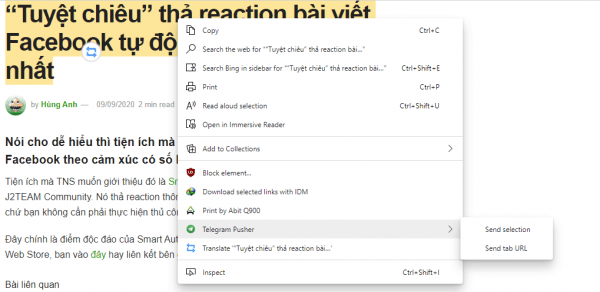 Cách gửi ảnh, URL, văn bản,… vào Telegram từ Chrome