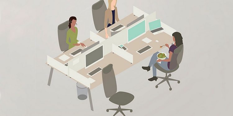 Three women sit at work in an office setting. One teammate wears a green sweater and headphones, conducting a remote conference call or video chat, while she drinks coffee or tea from a paper cup. Another woman sits eating a salad while she reads from her flatscreen monitor. Vector illustration in isometric view.