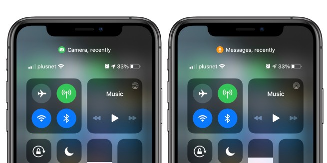 What are the orange and green dots on the iOS 14 status bar?  3