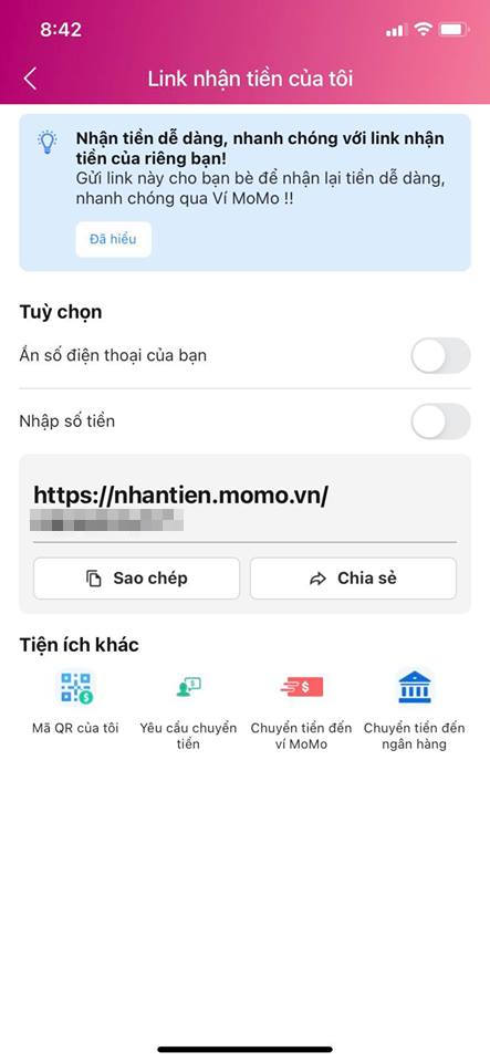 Cách tạo liên kết chuyển tiền trên Momo