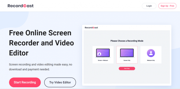 RecordCast: quay video màn hình desktop, webcam trong 30 phút