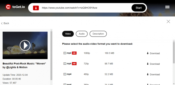 toGet.io: Tải video YouTube, phụ đề và tệp âm thanh miễn phí