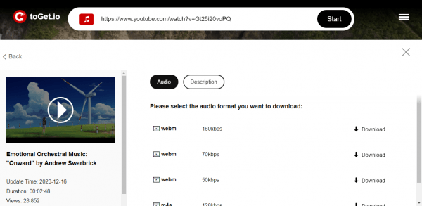 toGet.io: Tải video YouTube, phụ đề và tệp âm thanh miễn phí