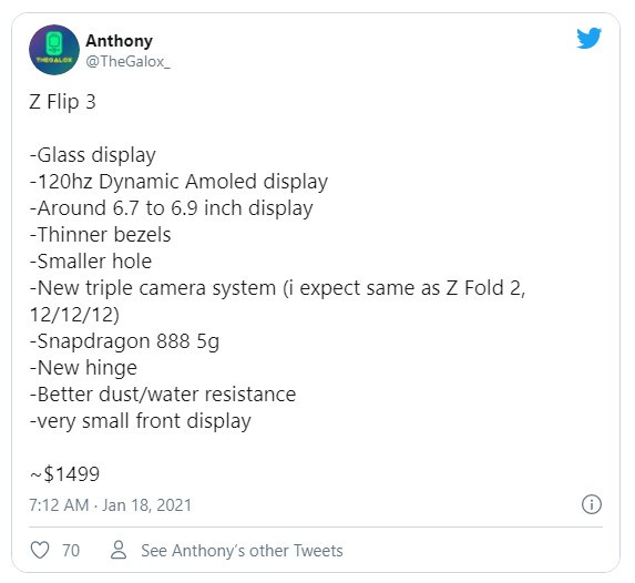 Samsung Galaxy Z Flip3 sẽ chỉ đắt hơn 50 đô la so với người tiền nhiệm