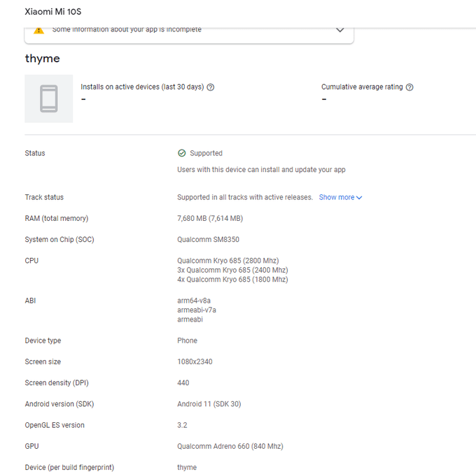 Xiaomi Mi 10S xuất hiện tại Google Play Console