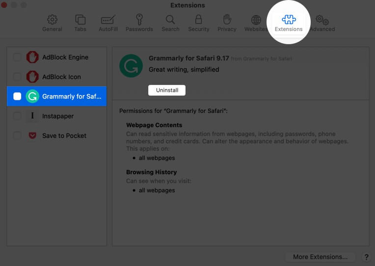 Xóa Tiện ích mở rộng Safari trên Mac
