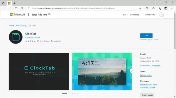 ClockTab: Làm mới trang New Tab trình duyệt Microsoft Edge