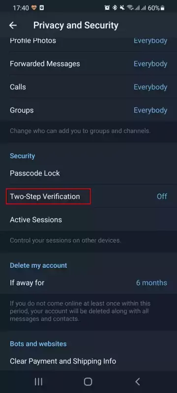Cách bật xác minh hai bước Telegram trên Android