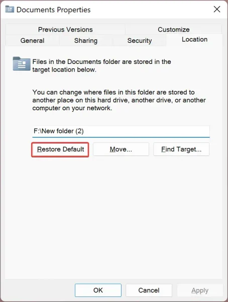 Cách di chuyển hoặc khôi phục vị trí mặc định của thư mục cá nhân trong Windows 11f