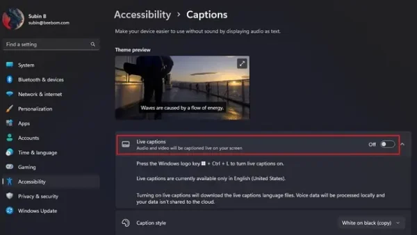 Cách bật và sử dụng phụ đề trực tiếp (Live Caption) trên Windows 11v3