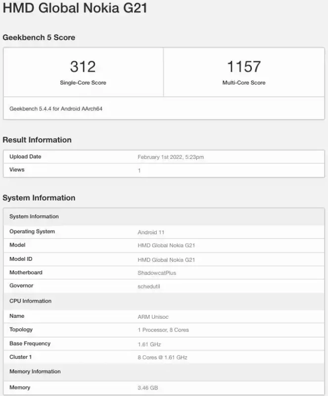 Nokia G21 Geekbench