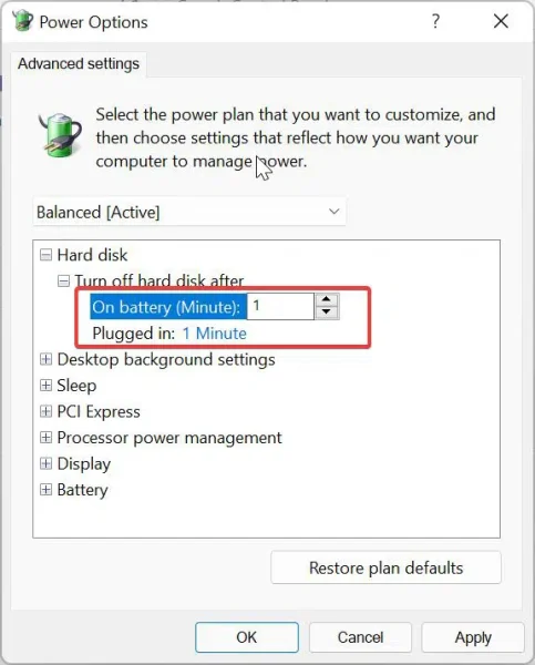 Cách ngừng tiêu thụ năng lượng của đĩa cứng sau thời gian không hoạt động trong Windows 11d