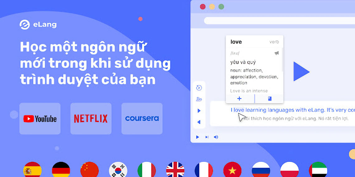 eLang: Học ngoại ngữ trên Netflix, YouTube, dịch từ trang web bất kỳ