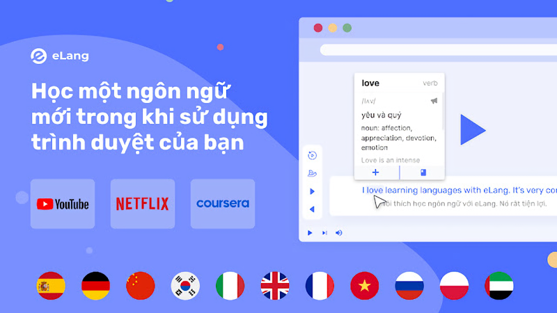 eLang: Học ngoại ngữ trên Netflix, YouTube, dịch từ trang web bất kỳ