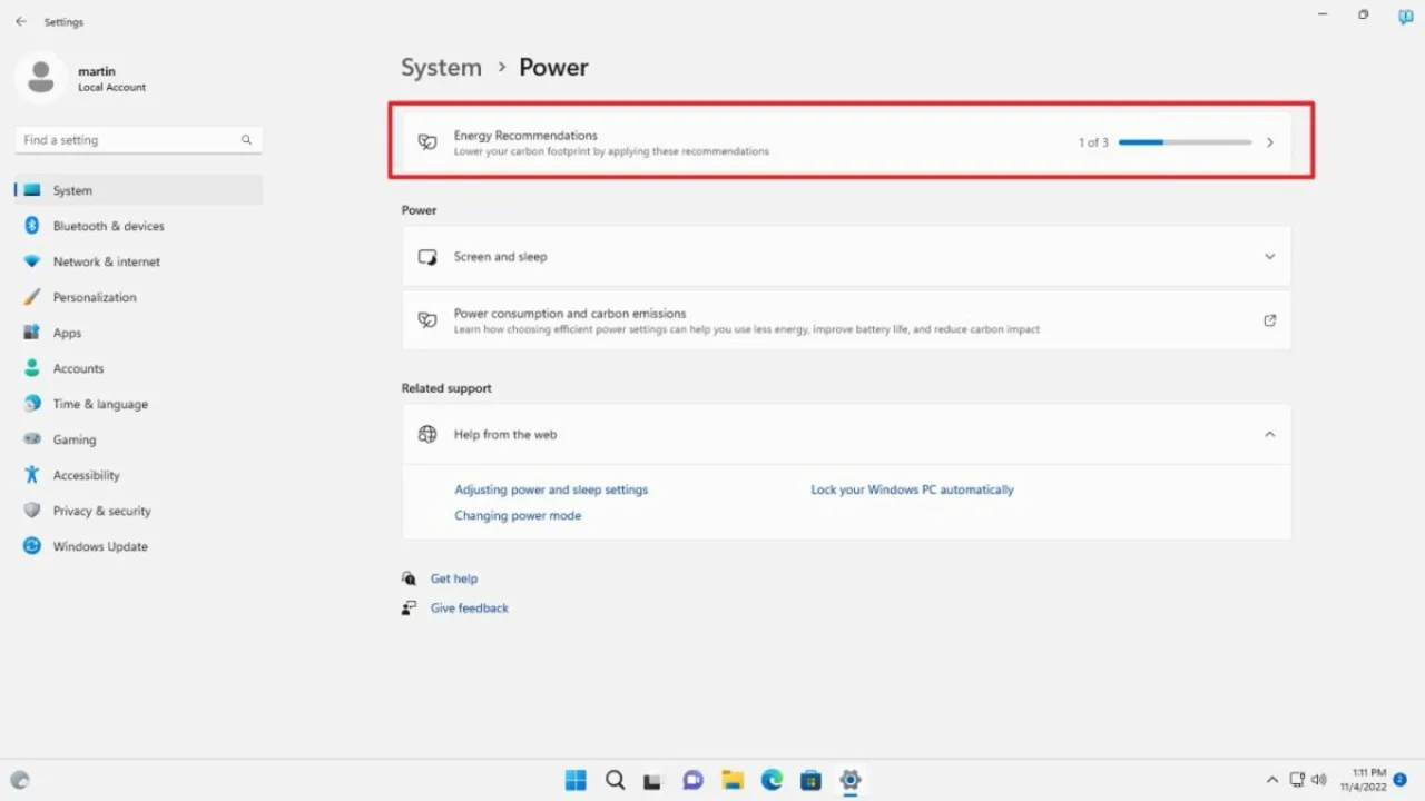 Tính năng tiết kiệm pin Energy Recommendations là gì trên Windows 11?