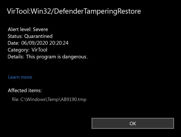 Cách diệt virus VirToolWin32DefenderTamperingRestore trên Windows 1