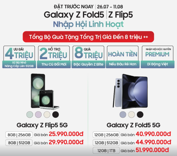 Di Động Việt nhận đặt trước Galaxy Z Fold5|Z Flip5 với nhiều ưu đãi độc quyền trị giá hơn 8 triệu đồng