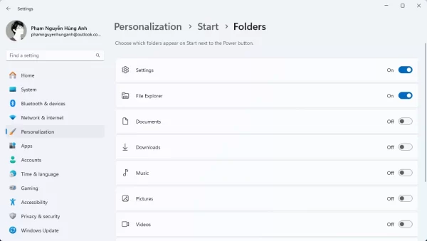 Cách thêm Settings, File Explorer, Downloads,... vào trình đơn Start trên Windows 11 1