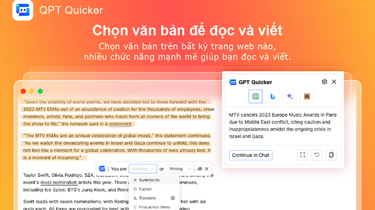 GPT Quicker: Trò chuyện ChatGPT, Bing Chat, Google Bard, Claude trong một nơi