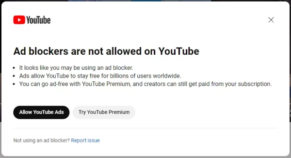 Cách tắt thông báo Ad blocker is not allowed on YouTube 1