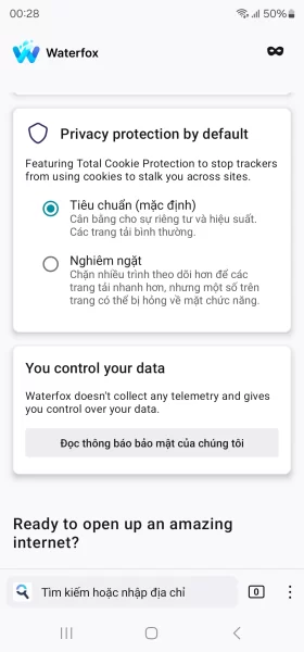 Trải nghiệm trình duyệt di động Waterfox 1