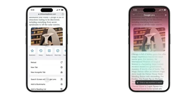 Google Lens tích hợp tìm kiếm màn hình mới trong Chrome cho iOS