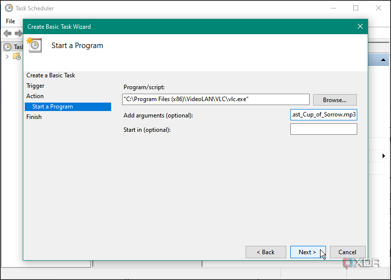 Tận dụng công cụ Task Scheduler để tự động hóa công việc trên Windows screnshot showing how to creat a basic task to make a song play when you sign in
