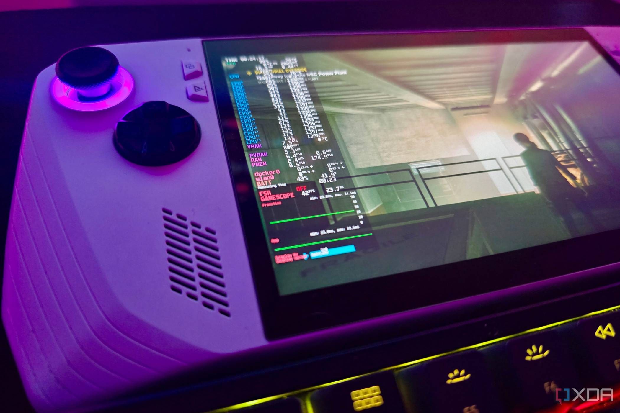 Asus ROG Ally running Control via SteamOS with a performance overlay on top
