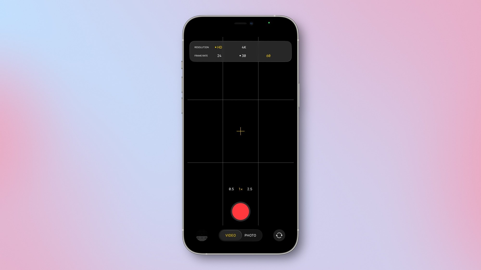Ứng dụng Camera trong iOS 26 với các điều chỉnh độ phân giải video mở.