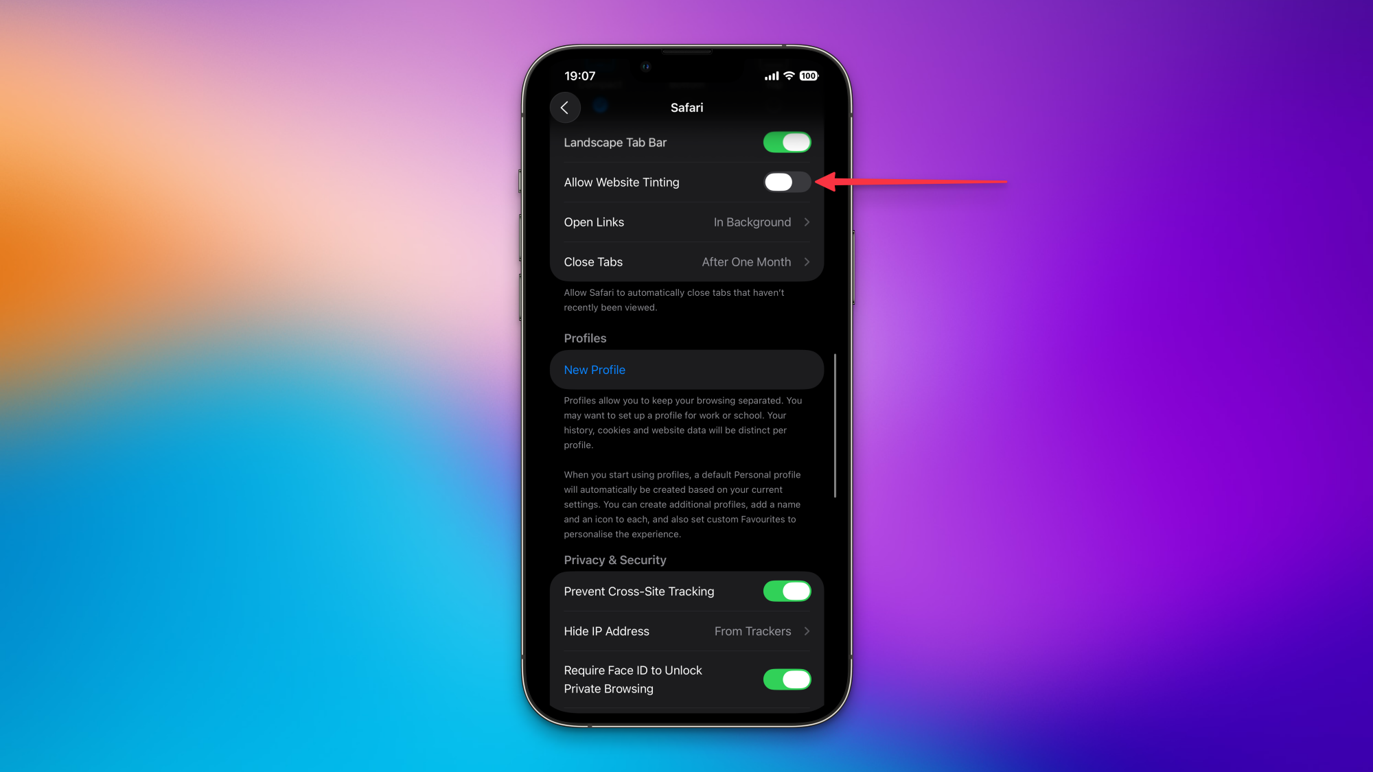 Tắt màu sắc trang web trong Cài đặt iOS 26.