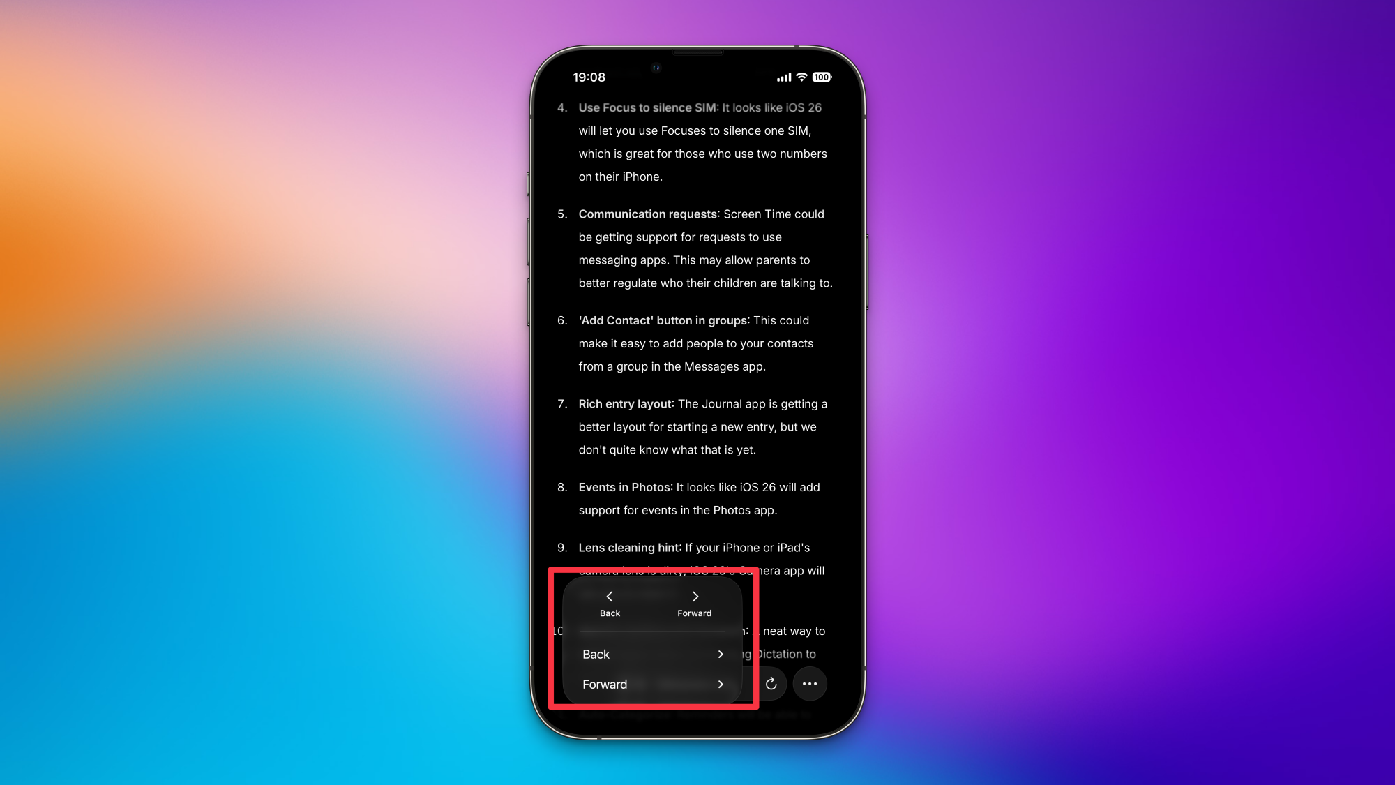 Nút tiến ẩn trong iOS 26 Safari.