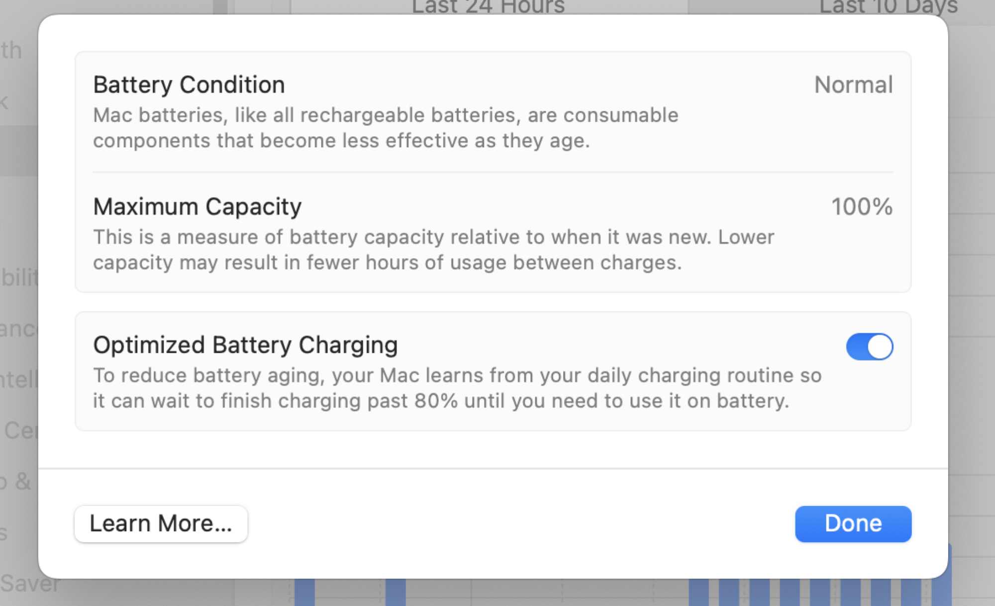 The panel where you can disable Optimized Battery Charging, if you'd like.