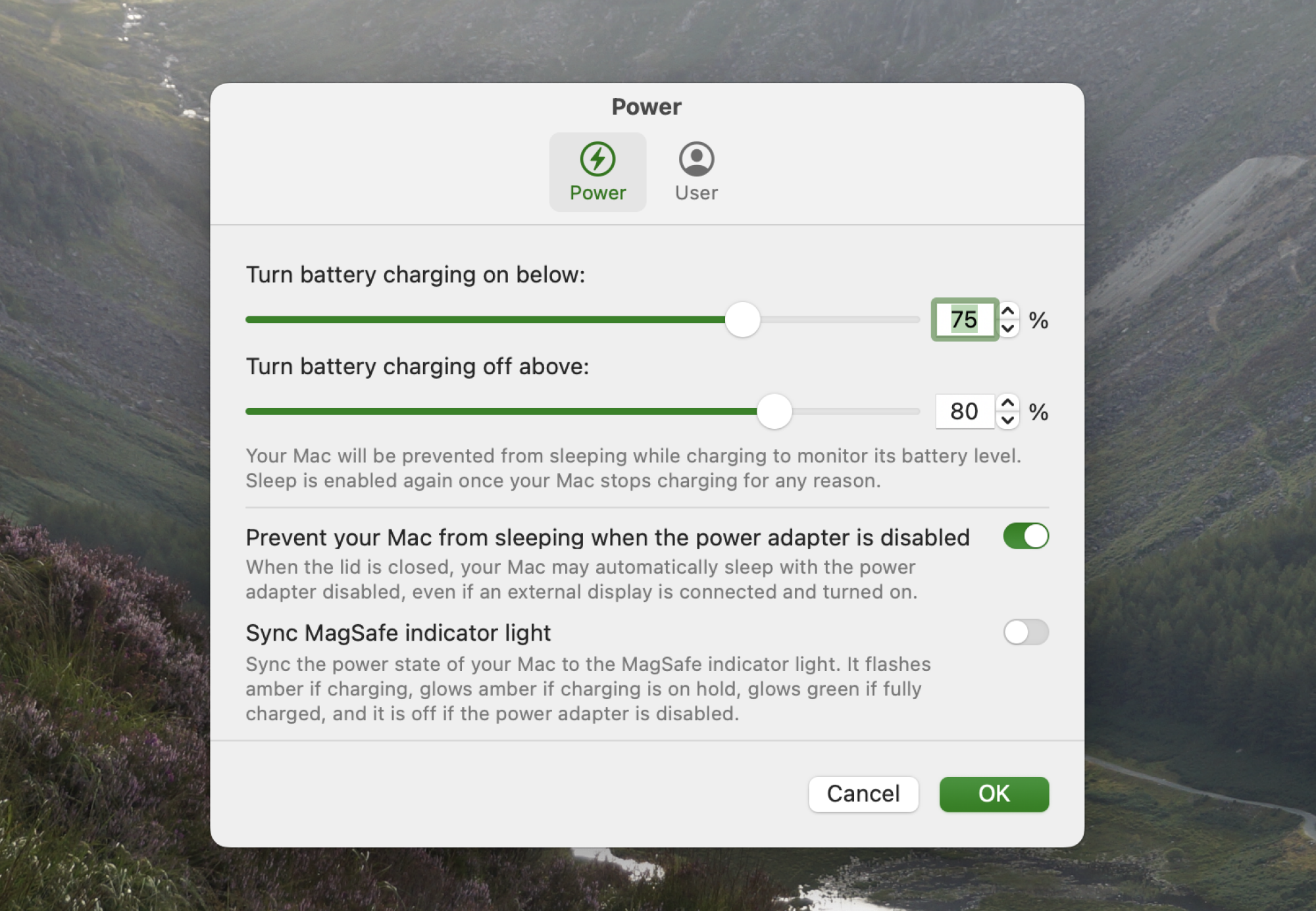 The settings panel for Battery Toolkit