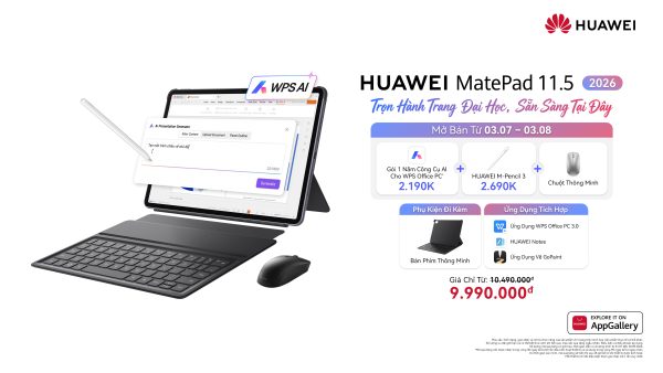 HUAWEI MatePad 11.5 (2026) mở bán tại Việt Nam, tích hợp AI trên WPS Office, giá từ 9,99 triệu đồng HUAWEI MatePad 11.5 (2026) mở bán tại Việt Nam, tích hợp AI trên WPS Office, giá từ 9,99 triệu đồng