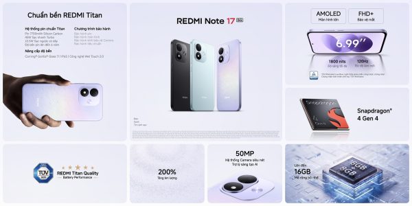 Xiaomi ra mắt REDMI Note 17 Series tại Việt Nam, pin lên đến 10.000mAh và hỗ trợ phần mềm 6 năm Xiaomi ra mắt REDMI Note 17 Series tại Việt Nam, pin lên đến 10.000mAh và hỗ trợ phần mềm 6 năm
