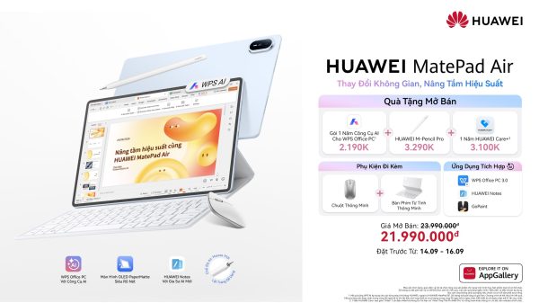 HUAWEI MatePad Air ra mắt tại Việt Nam, mỏng 5,3 mm, tích hợp công cụ AI và hiệu suất chuẩn PC HUAWEI MatePad Air ra mắt tại Việt Nam, mỏng 5,3 mm, tích hợp công cụ AI và hiệu suất chuẩn PC