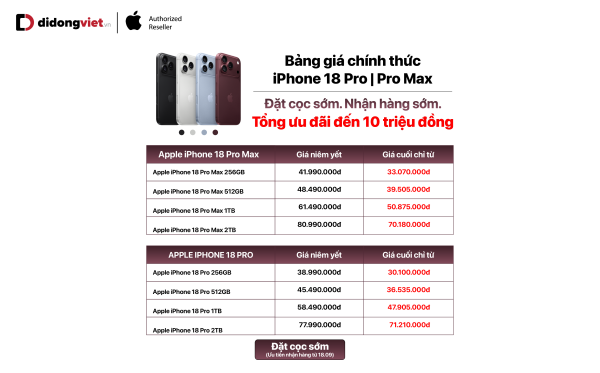 Di Động Việt mở cổng đặt trước iPhone 18 Pro, iPhone 18 Pro Max, ưu đãi đến 10 triệu đồng