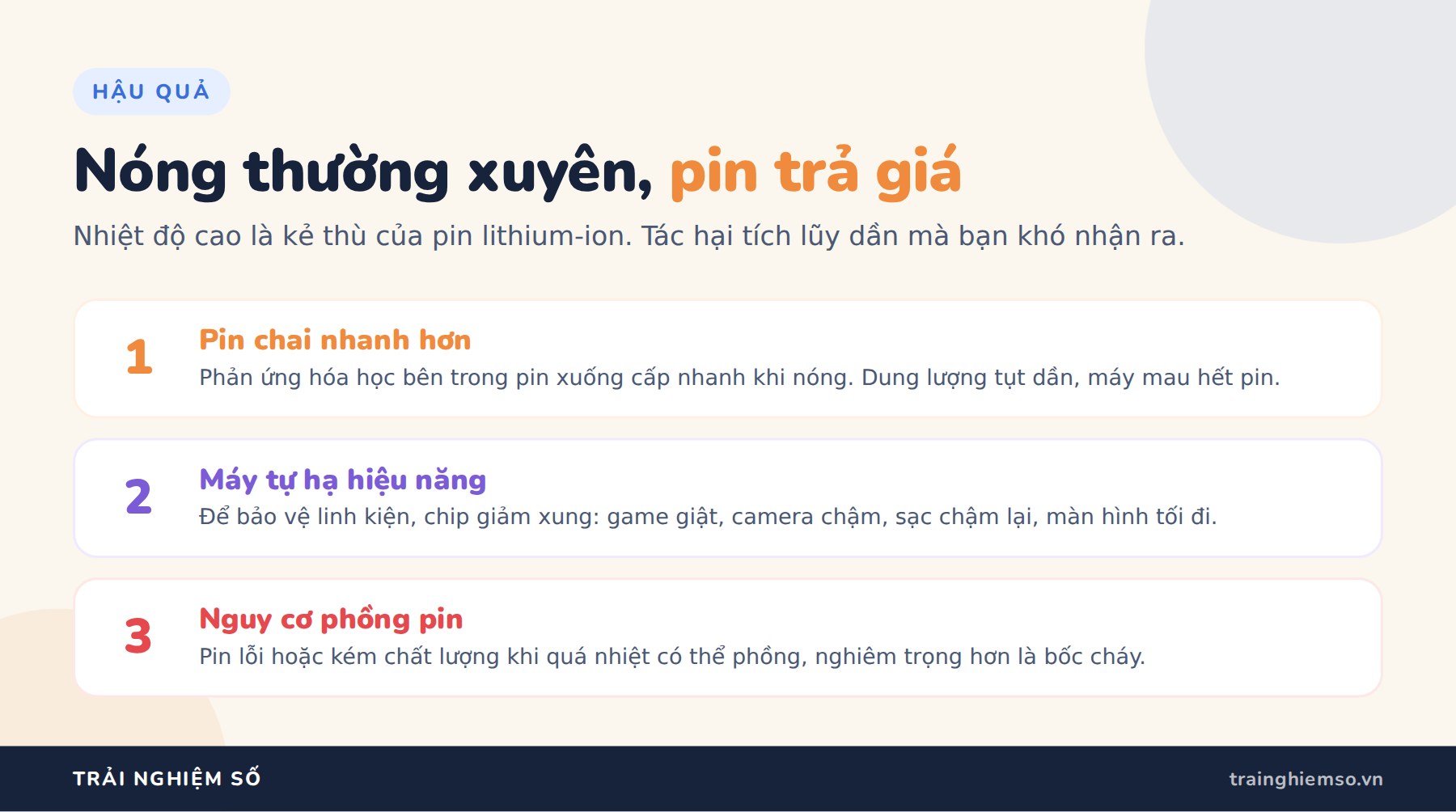 Điện thoại bị nóng: 5 nguyên nhân và cách làm mát đúng Hậu quả điện thoại nóng lâu ngày: pin chai nhanh, máy tự hạ hiệu năng, nguy cơ phồng pin
